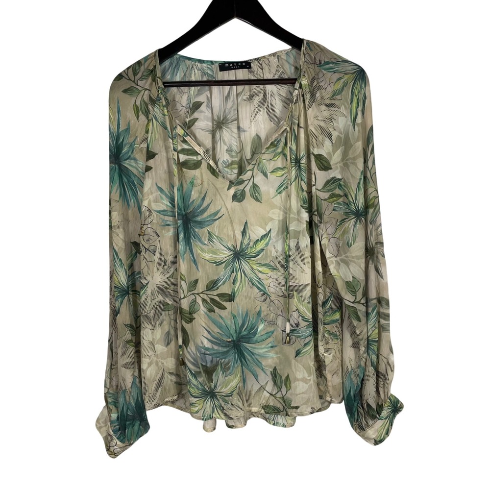 Maven West Sheer Floral Blouse‎ Women's M 100% Cupro Tropical Lightweight Top